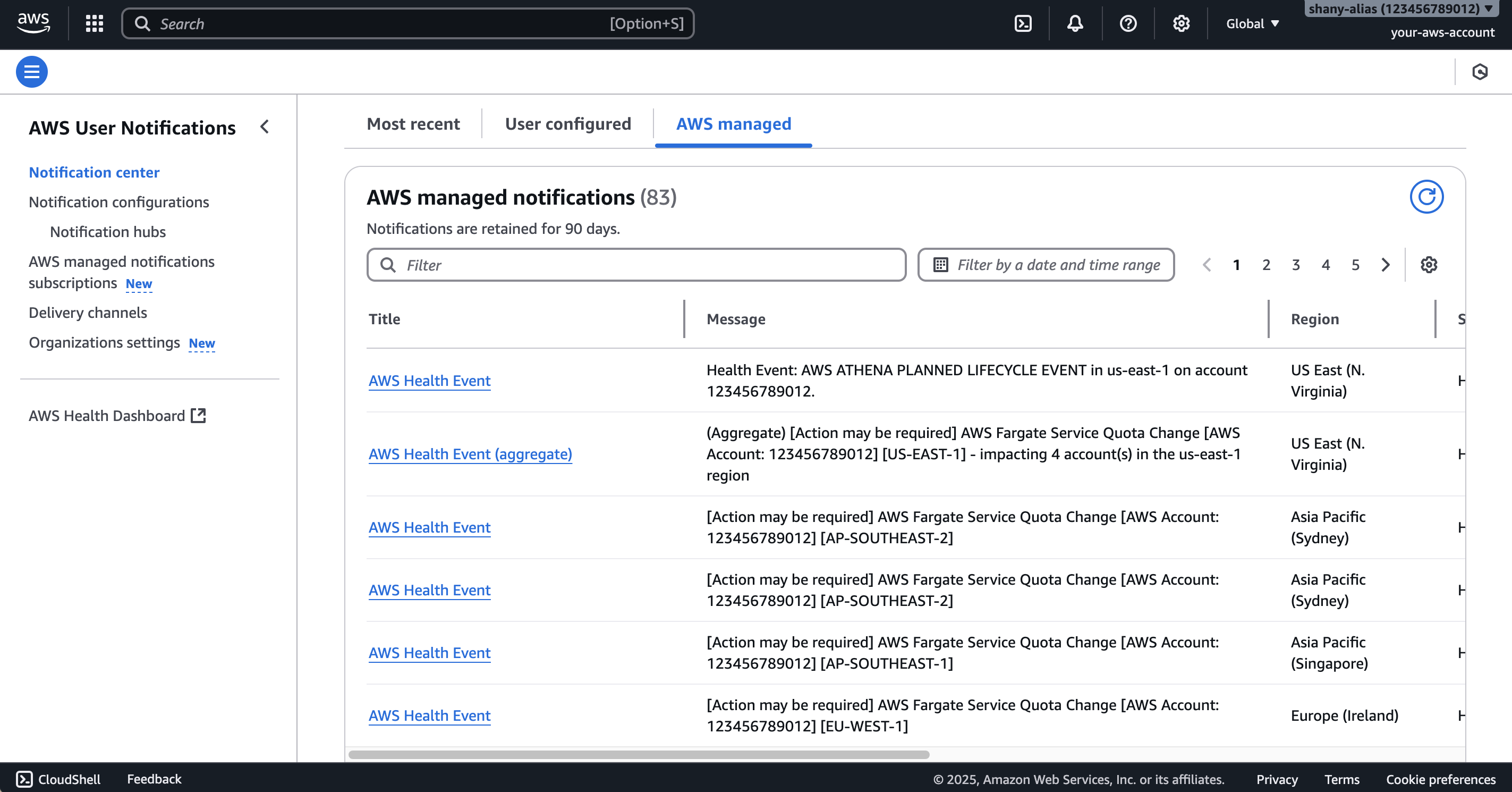 Notifications Center console containing 3 tabs - Most recent, User configured and AWS managed. The AWS managed notifications tab is active showing a list of managed notifications. 
